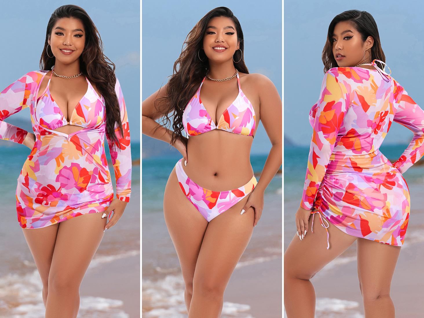 Aqua Eve Plus Size Three Piece Bikini Set Women Swimsuits with Cover Up Bathing Suit