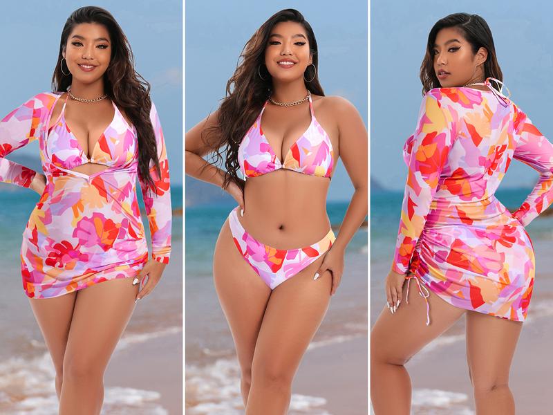 Aqua Eve Plus Size Three Piece Bikini Set Women Swimsuits with Cover Up Bathing Suit Aqua Eve Plus Size Three Piece Bikini Set Women Swimsuits with Cover Up Bathing Suit