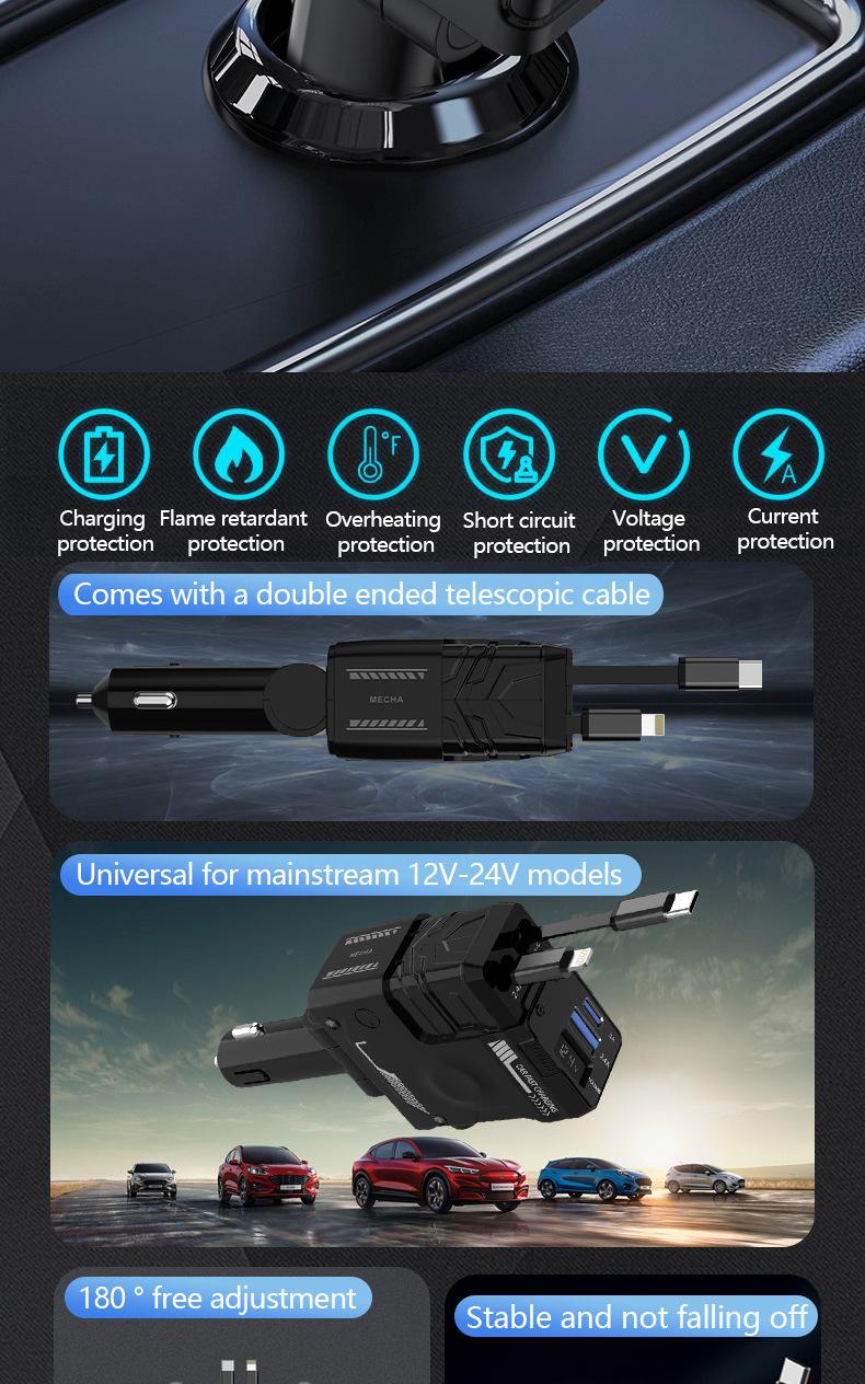 Joytutus 120W Retractable Car Charger 4-in-1 Fast Charging for iPhone Samsung iPad with 2 USB C Cables Type-C Output 5V/3A USB-A 5V/2.4A 12V-24V Devices