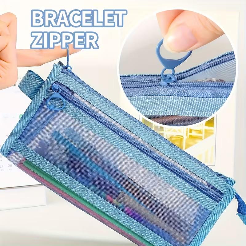Transparent Mesh Dual-Layer Pencil Case, Kids' Unisex New Design, Large Capacity, High Aesthetic, Simple Subject Stationery Bag, Desk Supplies