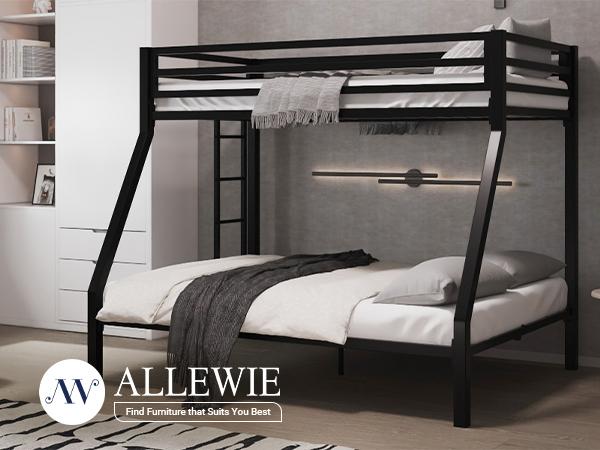 Allewie Twin Over Full Metal Bunk Bed - 【Frame Only No Mattress】Removable Stairs & Heavy Duty Frame with 12" Underbed Storage, Black/White, #TikTokShopfalldealsforyou