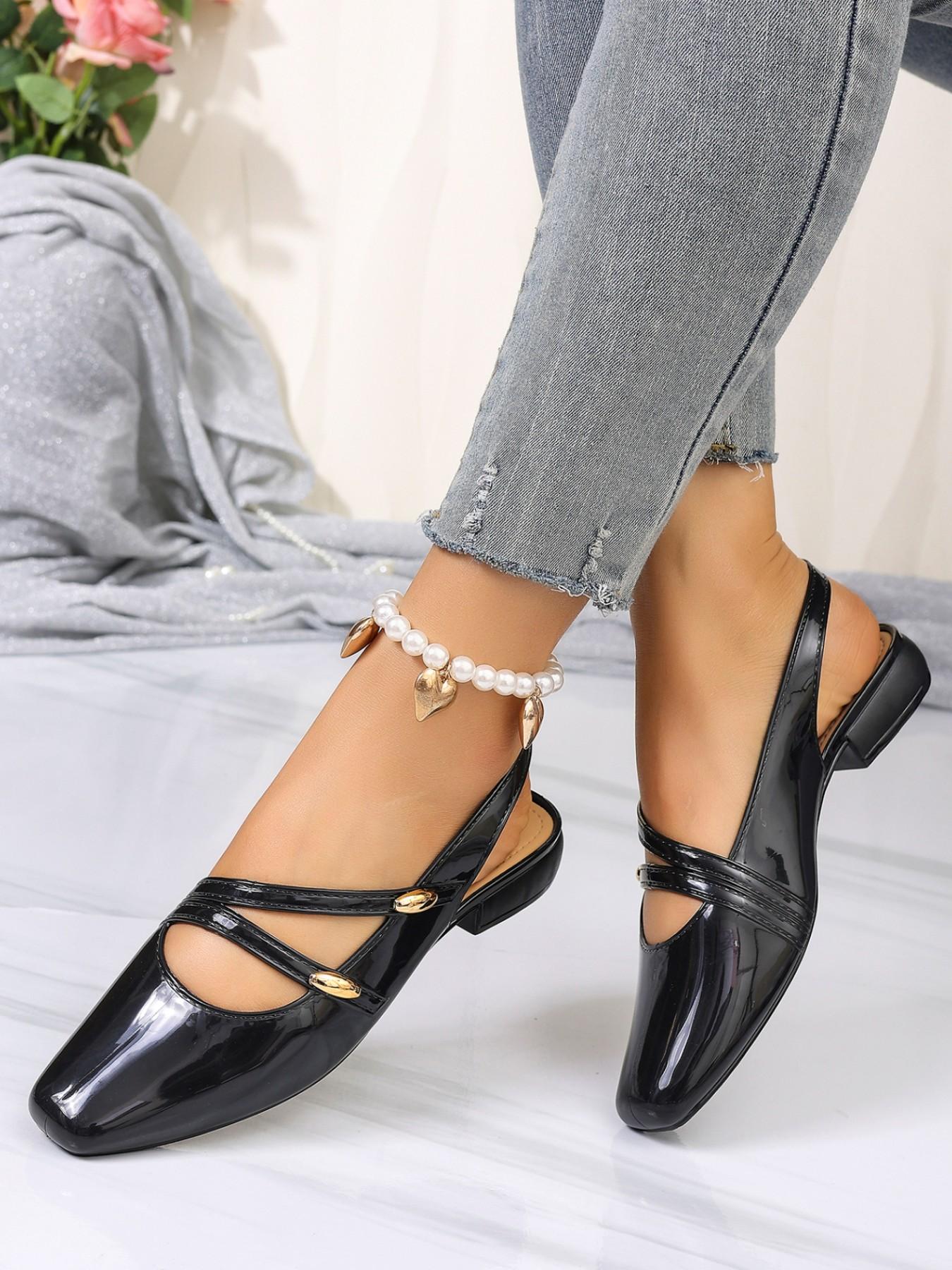 2026 Summer High-End Glossy Leather Mary Jane Shoes, Square Toe Backless Cross Strap Metal Buckle Low Heel Flat Sandals, Office Date Elegant Versatile Women's Shoes