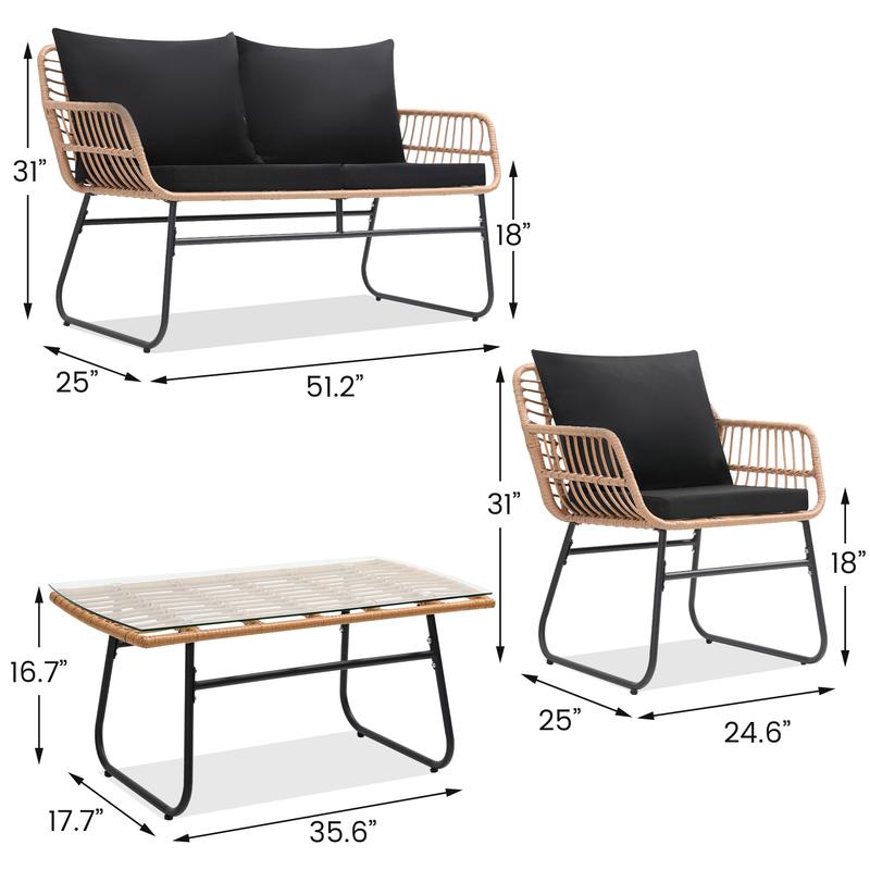 4 Piece Patio Bistro Outdoor Furniture Set, Wicker Sofa, 2 Rattan Chairs, and Table, Backyard Conversation Set, All Weather Cushions，for Garden,Poolside, Backyard