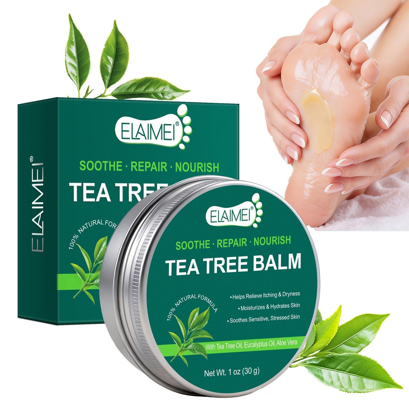 ELAIMEI Multi-Purpose Tea Tree Oil Balm, suitable for sensitive skin, soothes skin issues caused by dryness, provides rapid relief, moisturizes dry skin, and offers long-lasting hydration