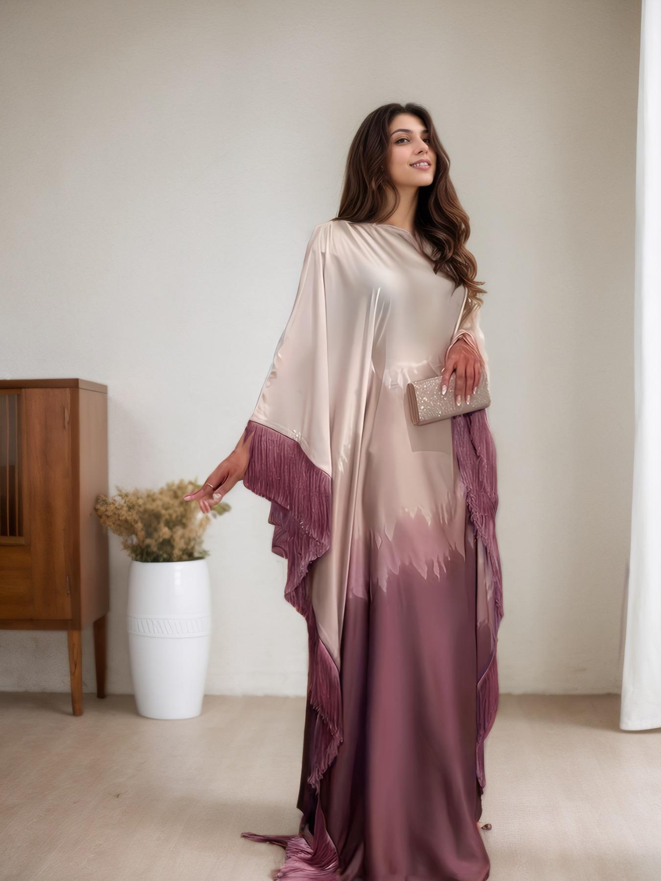 Women's Ombre Print Batwing Sleeve Dress, Chic Elegant Long Sleeve Dress for Party Wedding Guest, Ladies Islamic Clothing for All Seasons