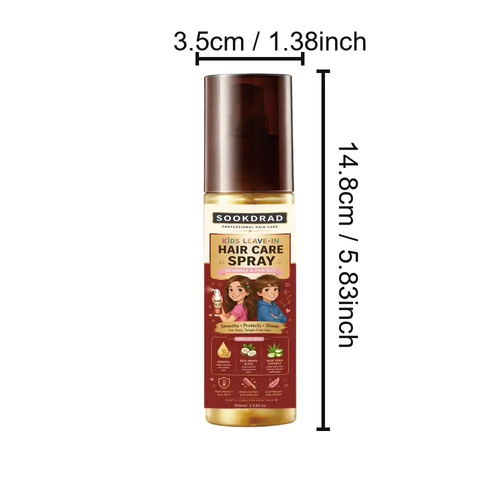 Leave-In Hair Care Spray, contains keratin, silk amino acids, aloe vera extract, detangle, protect, smooth, shine, heat protect, frizz control, lightweight, non-greasy, for kids' hair, 100ml/3.53fl oz