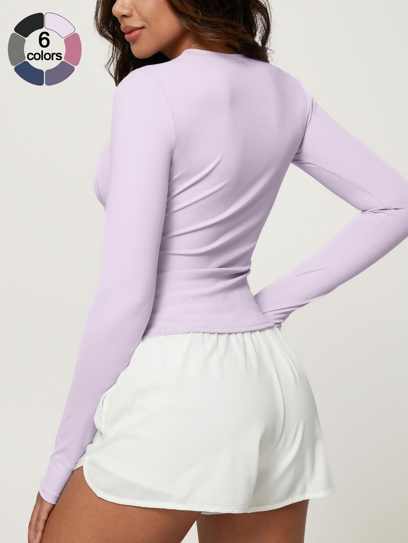 Women's Solid Color Long Sleeve Sport Top, Round Neck Thumb Hole Design, Comfortable Casual Yoga Gym Running Cycling Golf Tennis Wear, Fitness Running Tops