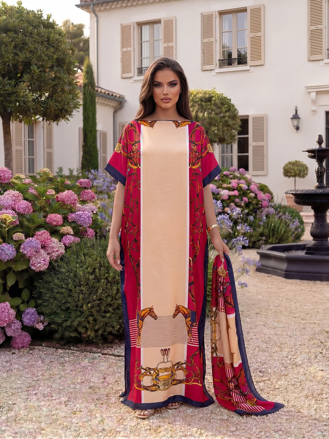 Women's Luxury Equestrian Style Silk Robe Set, Long Cape Dress + Scarf Headband, Beach Outdoor Sun Protection, All Seasons Chic Fashion