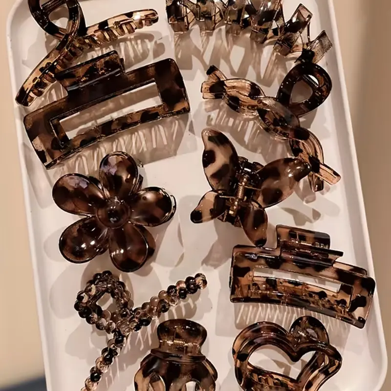 10pcs Women's Elegant Leopard Print Hair Claw Clips, Hair Barrettes, Fashionable Hairpins for Buns, Daily Wear & Gifts, Stylish Hair Accessories