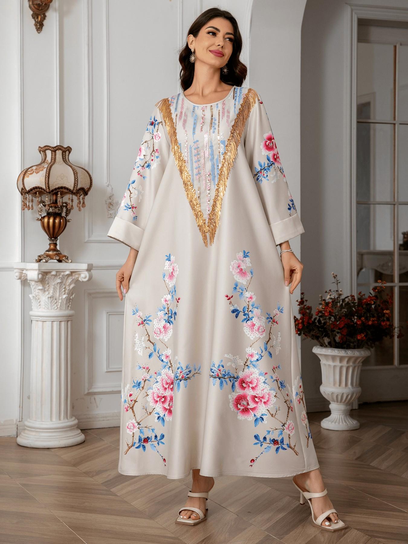 Cross - border Muslim Middle Eastern women's printed long dresses, foreign trade dresses, evening gowns with sequins