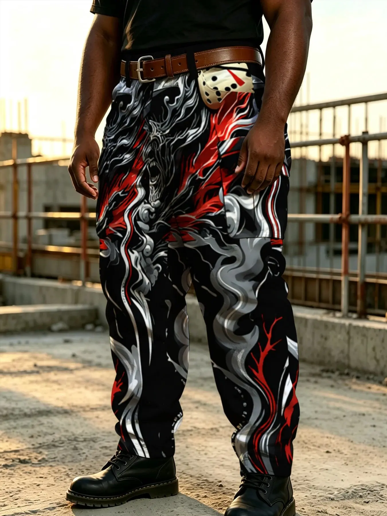 Plus-Size Men's American Cartoon Motorcycle Graffiti Cargo Pants, White, Printed with Multiple Pockets, Trendy Hip-Hop Casual Long Pants