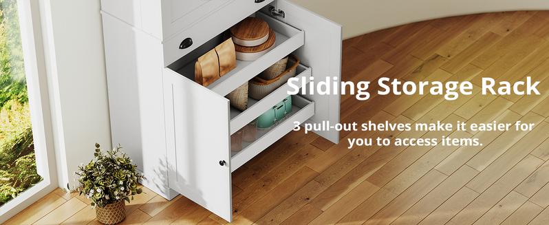 【2 Packages Shipping】IRONCK Kitchen Pantry Cabinet 72" Height, Freestanding Cupboard with Drawer, Sliding Storage Rack, and 6 Hanging Shelves for Dining Room, Laundry