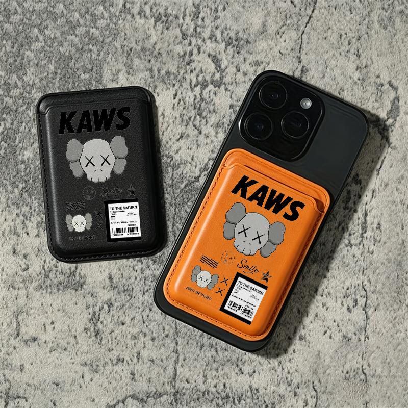 Trendy KAWS Collage Magnetic Smartphone Card Holder - Strong Polyurethane Leather Handheld Cover for iPhone 17/16/15/14/13/12, Samsung/Google/Motorola, Holds 2 Cards, Includes Free Metal Ring Adapter for Cellphone Protection, Mobile
