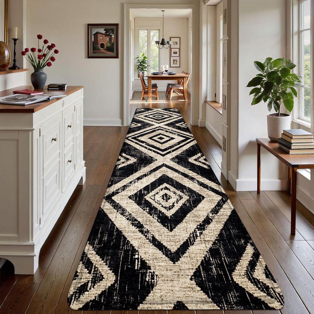 1PC， Black and White Diamond Geometry Patterned strip rugs, home décor, bathroom mats, entryway mats, bathroom non-slip mats, indoor entrance rugs, bedroom bedside mats, kitchen mats, hallway rugs, flannel sponge rugs, hallway runner rugs