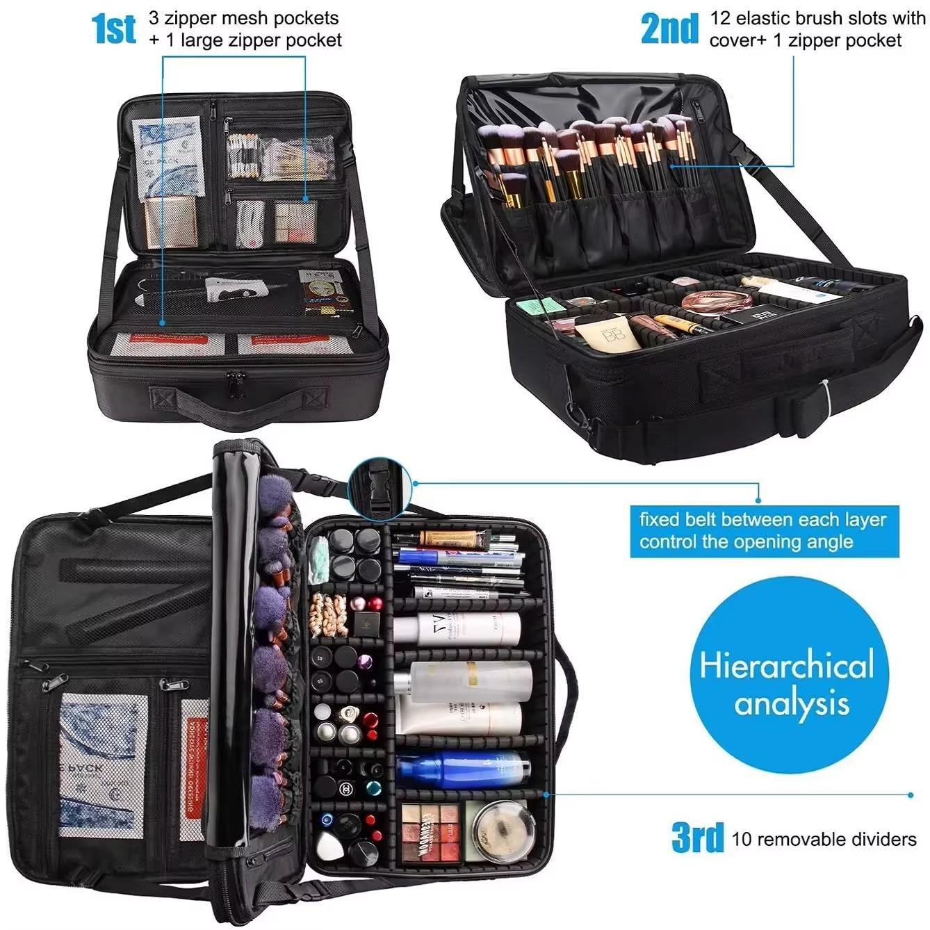 Travel Makeup Case 3 Layers, Portable Makeup Bag Organizer, Adjustable Dividers, Ideal for Artists, Compact and Durable Design
