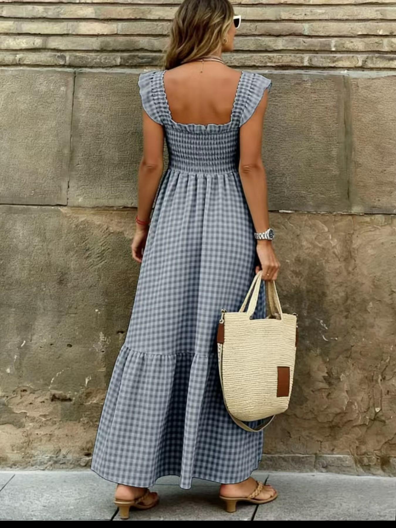 Summer Elegant Women's Patchwork Plaid Halter Tie Waist Maxi Dress, Stylish Summer, Perfect for Casual & Special Occasions
