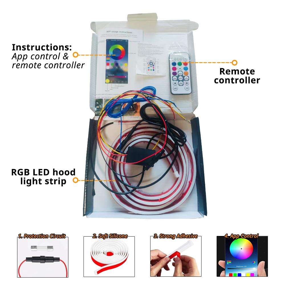 APP-Controlled RGB Dynamic LED Car Hood Light Strip, 1 Count Dynamic Scan Start Up Light Strip with Instruction & Remote Controller, Waterproof Flexible Car Lights, LED Car Ambient Light