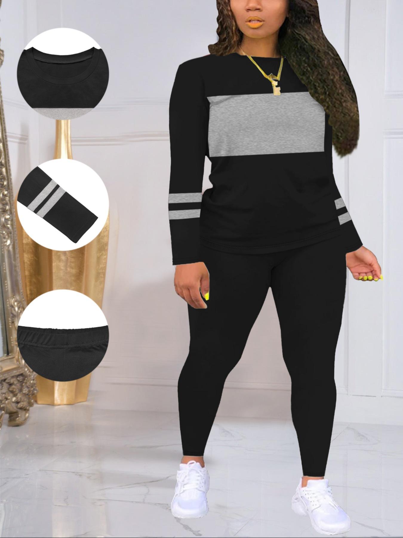 [Plus Size] Women's Fall Winter Fitted Patchwork Suit, Casual Basic Two-Piece Set, Sweatsuit Set Outfit, Athleisure Wear Set, Perfect for Parties Work Leisure Sports Wear, Sports Clothing Set