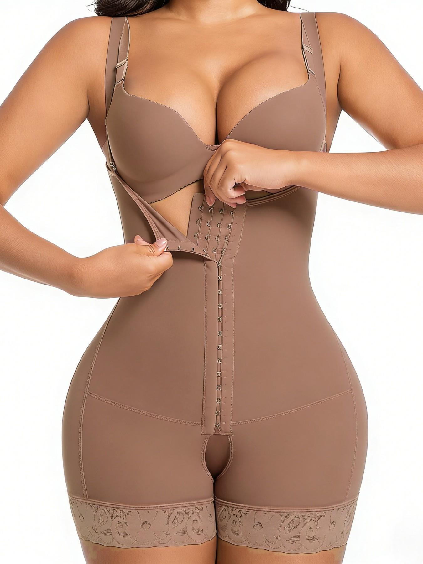 1 Count Women's Compressing Body Shaper, Fajas, Adjustable 4 Row Hooks Colombian Shapewear, Tummy Control Shapewear Bodysuit, Solid Color Jumpsuit, Open Bust Bodysuit, Suitable For Training Or Sports