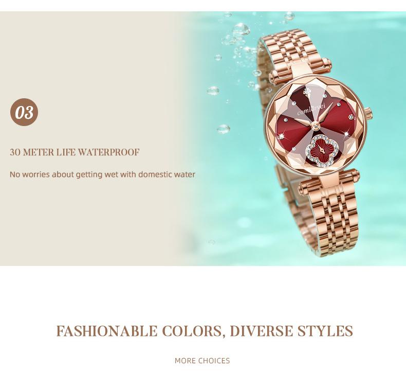 Women's Luxury Rose Gold Quartz Watch - Red Clover Dial with Crystal Accents, Diamond Flower Detail, Stainless Steel Band, Elegant Dress Wristwatch, Perfect Gift for Her