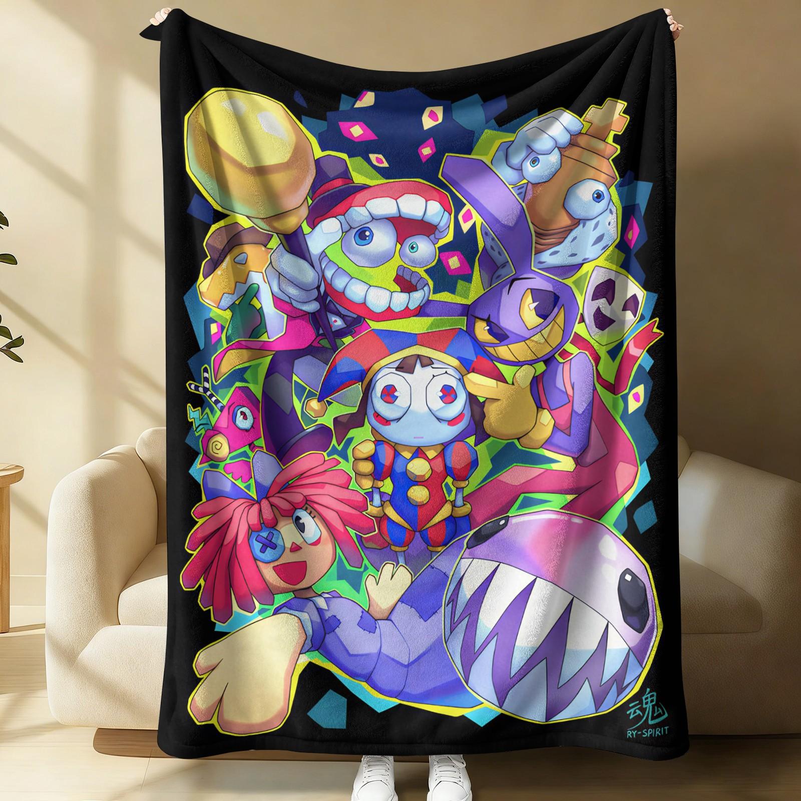 Trendy Digital Circus All-Character Print Blanket, Cartoon Anime Peripheral Flannel Nap Blanket, Warm Sofa Cover Blanket for Home & Student Dorm, Flannel Cozy Blanket