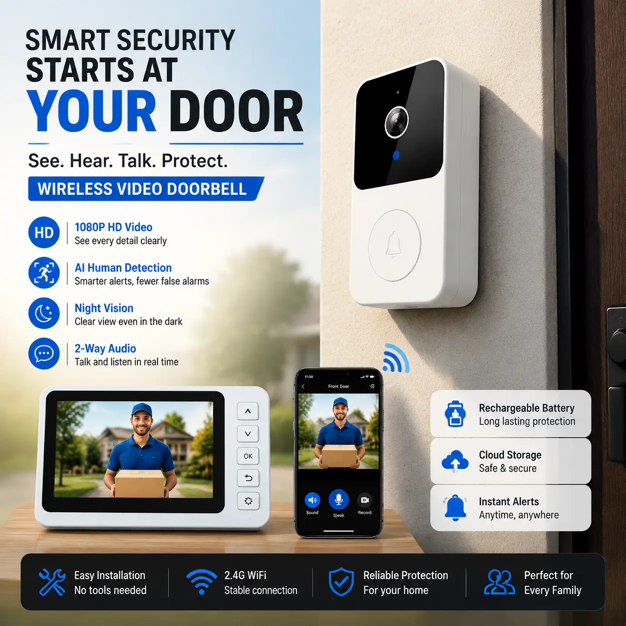 Portable Wireless Video Doorbell System with 1080P HD Camera, Intelligent Human Detection, Two-Way Audio, Night Vision Protection, App Remote Access, Rechargeable Battery and Easy Front Door Security Setup
