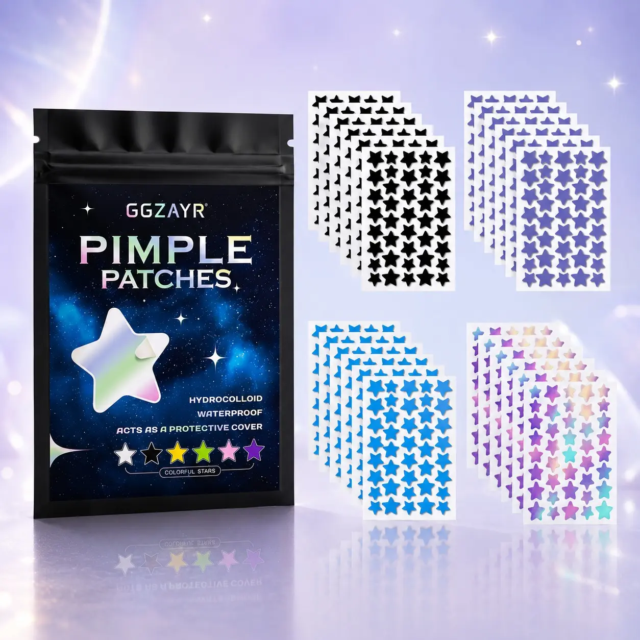 960pcs Four Shades of Starlight Pimple Patches, Black for Bold Days, Purple for Dreamy Looks, Blue for Fresh Style and Iridescent for Party Sparkle, A Multi-Sheet Star Collection for School, Travel, Photos, Holidays and Weekend Gatherings