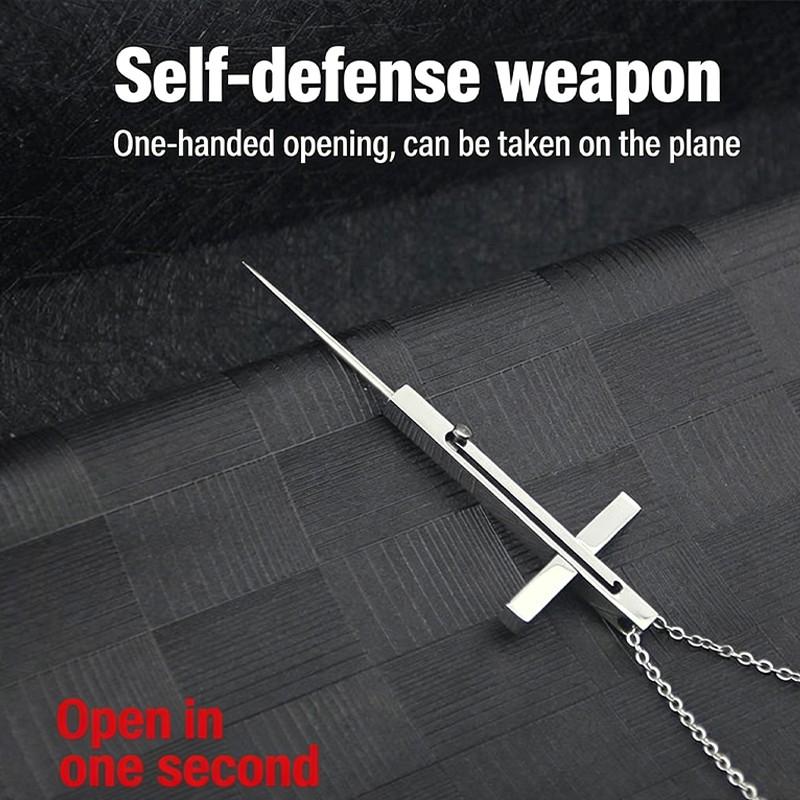 Hidden Self-Defense Cross Necklace, Push-Pull Spring Mechanism, Single Hand Quick Deployment, Airline Safety Jewelry
