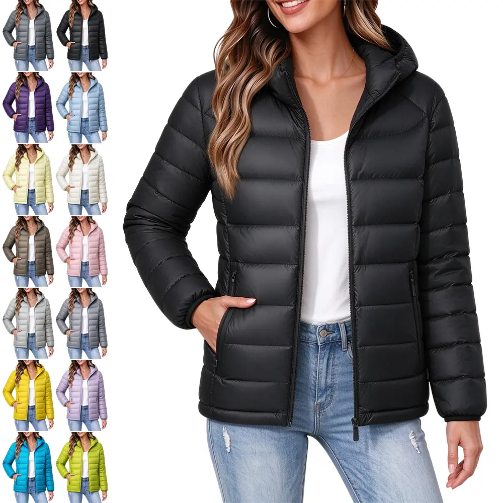 Women Quilted Hooded Puffer Jacket, Full Zip Front, Horizontal Padding, Side Pockets, Elastic Cuffs, Slim Fit, Lightweight Winter Warm Coat