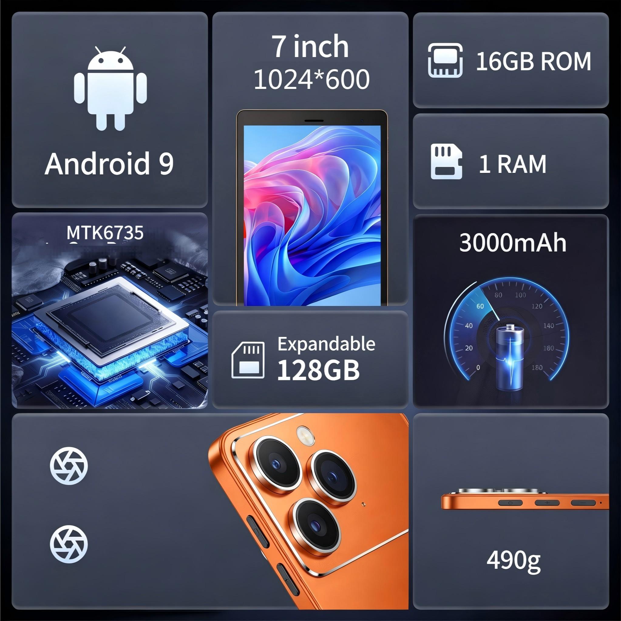 7 Inch Tablet PC, 1024×600 HD Eye-Care Screen, 16GB Storage (Expandable up to 128GB via TF Card), SIM Slot, Lightweight Portable Tablet for Video & Music, Suitable for All Ages