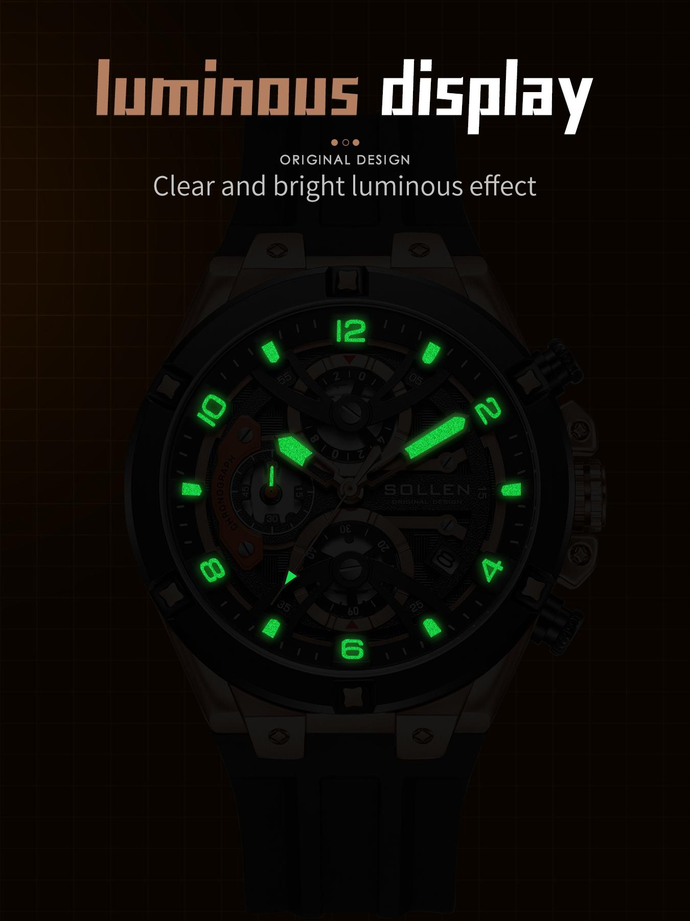 SOLLEN Men's Sports Chronograph Watch Large Dial Date Multi-Function Quartz Water-Resistant Silicon Strap Luminous Waterproof Gift for Birthday Boyfriend Husband Valentine's Day Father's Day Wedding 720