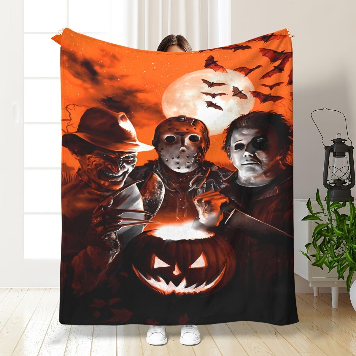 Anti-Pilling Retro Vintage Fleece Fabric Throw Blanket - Fluffy Texture, Multi-Size Gothic Cover with Freddy-Jason-Michael Myers Horror Icons, Orange Moon Bat Pumpkin Print, Home Décor for Horror Fans (Indoor/Outdoor Sofa Bed Use)