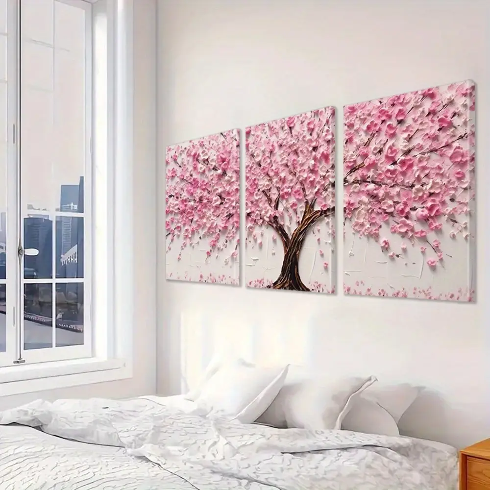 2D Plan, 3-Piece Wall Poster Set With Framed Pink Peach Blossom Wall Print Image, Lucky Flower Tree Canvas Home Decoration Painting, Modern Abstract Wall Decoration Poster, Room Aesthetics, Gift, Suitable For Living Room, Bedroom