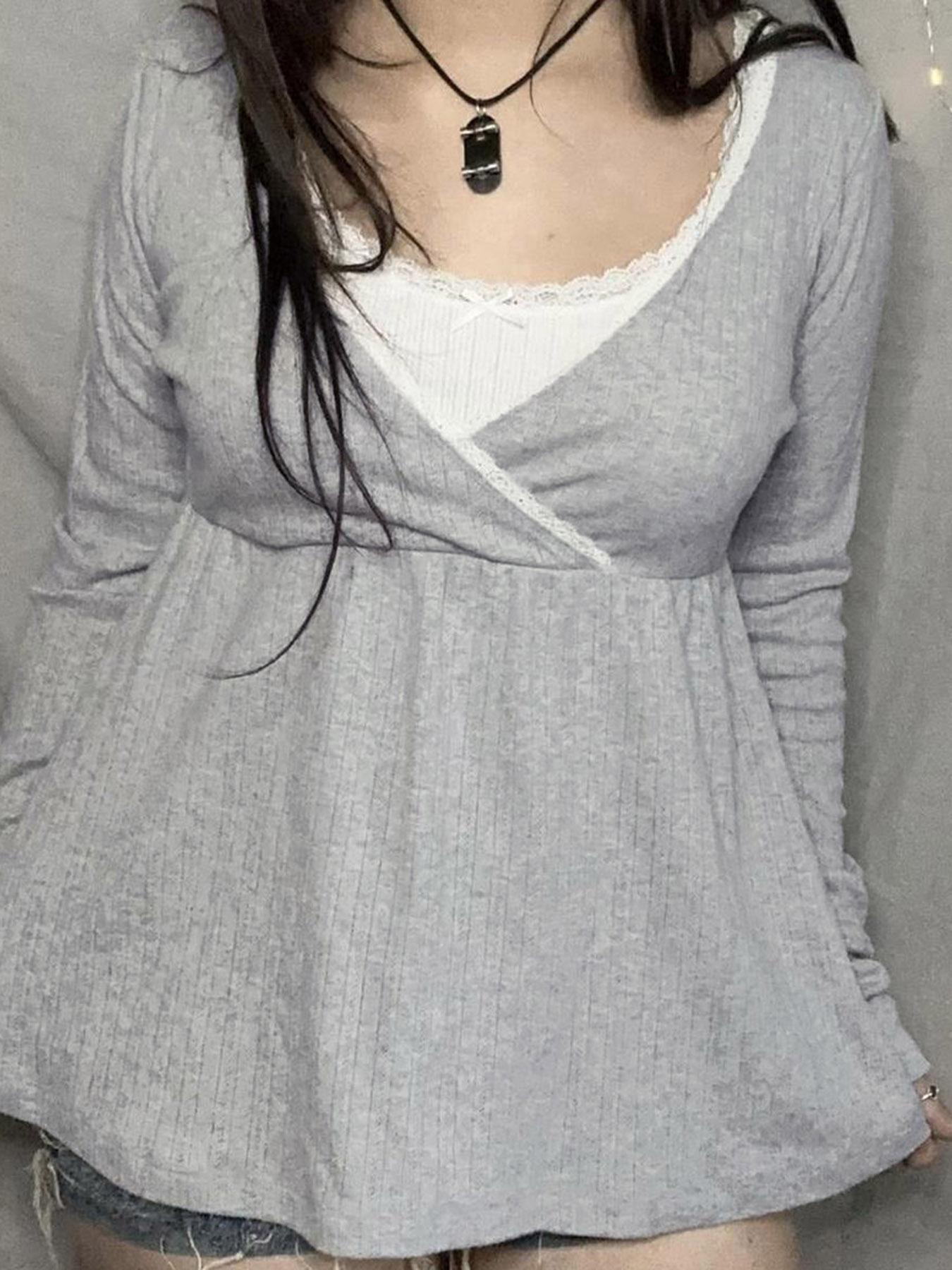 Fashionable Simple Lace Trim Cross V Neck A-Line Long Sleeve Knitted Top Blouse, Trendy Spring & Fall Casual Wear for Women