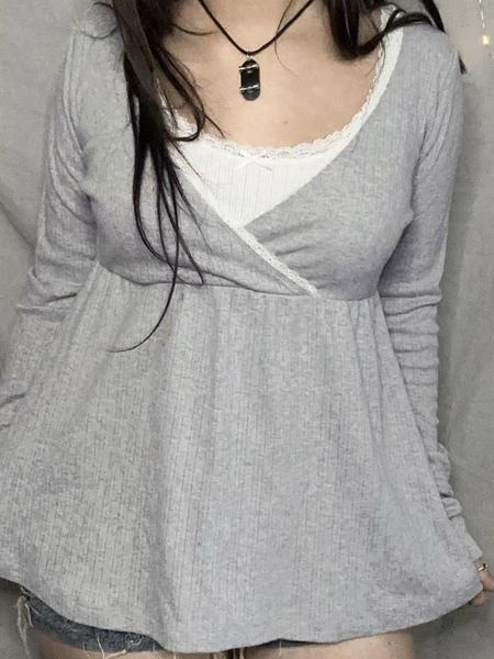 Fashionable Simple Lace Trim Cross V Neck A-Line Long Sleeve Knitted Top Blouse, Trendy Spring & Fall Casual Wear for Women