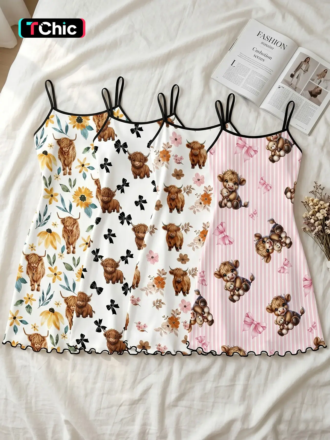 Women's 4 Pack Slip Nightgowns, Spaghetti Strap, Sleeveless, All Season Wear, Highland Cow Floral Bow Print Ruffle Hem, Highland Cow Aesthetic Style, Loose Fit, Breathable, For Daily Home Wear, Casual Wear And Home Office, Floral Print Nightdress