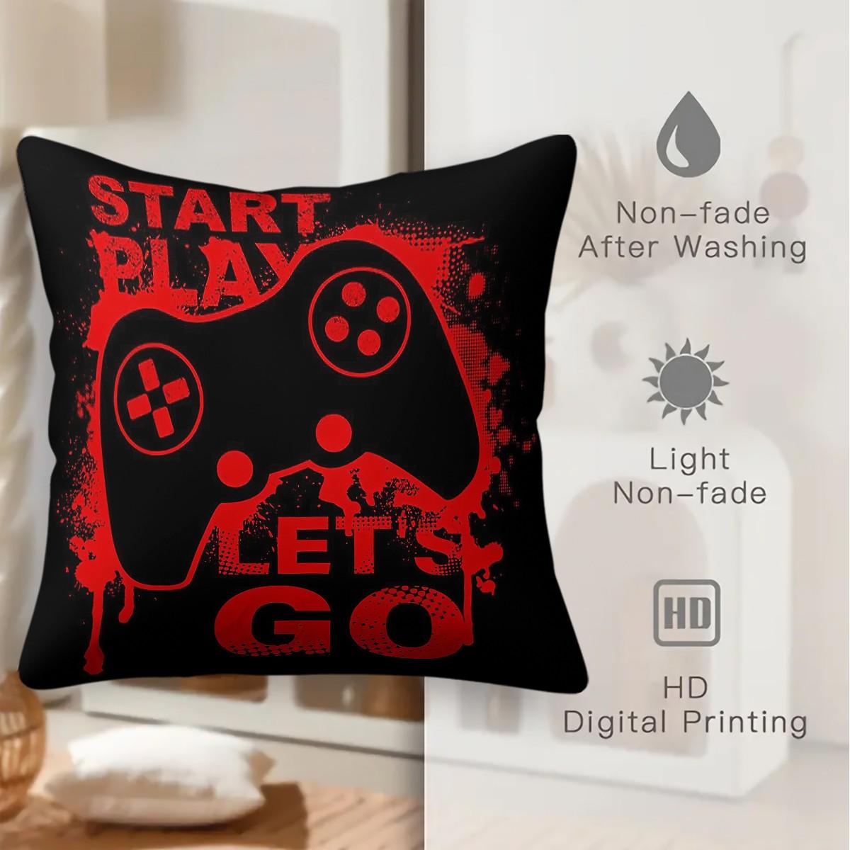 Gamer Theme Throw Pillow,Start Play Let's Go Game Controller Decorative Cushion,Red Black Graffiti Accent Pillow for Gaming Room,Bedroom,Sofa,Couch,Dorm,Includes Pillow Core,Perfect Gamer Gift for Teen Boys & Game Lovers