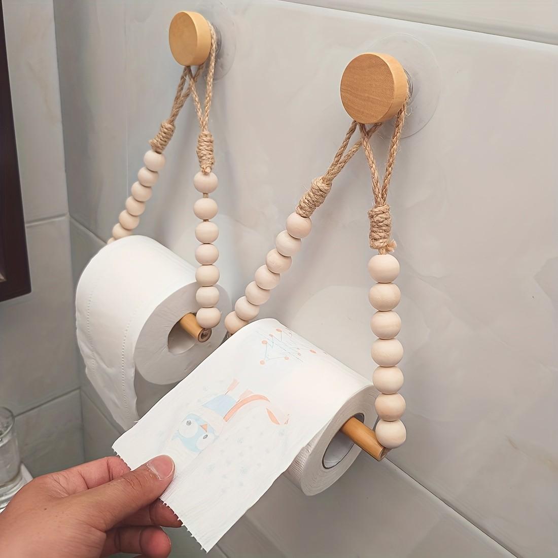 No-Drill Toilet Paper Holder, Rustic Style Hemp Rope Wood Ball Design, Adhesive Installation, Bathroom Accessory, Easy to Use