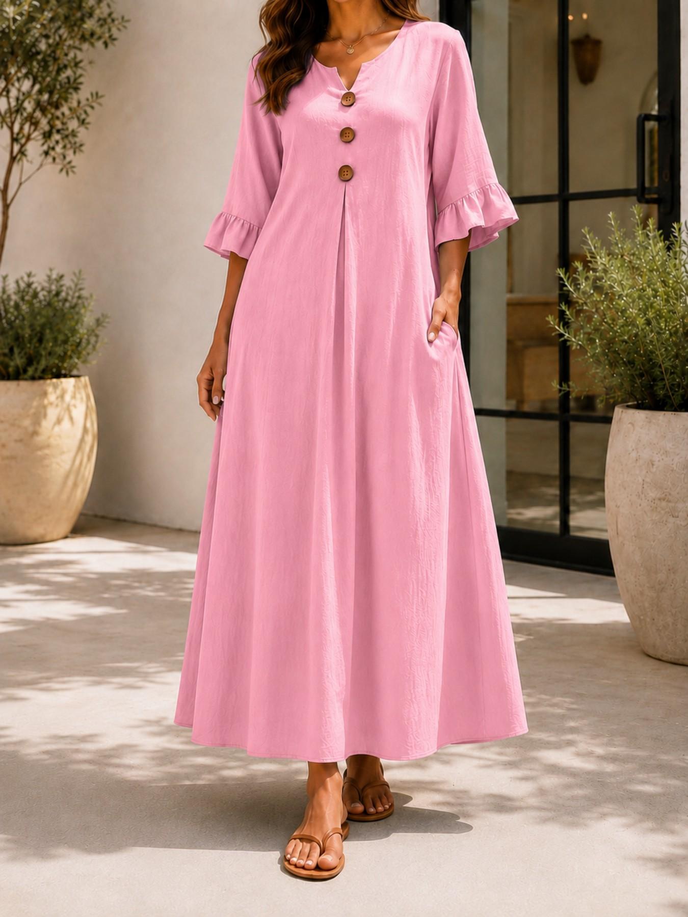 Plus Size Women's Solid Color Feminine Notched-Neck Wooden Button Dress, Loose-Fit Ruffle Sleeve Long Dress, Casual Style A-Line Dress for Office & Vacation