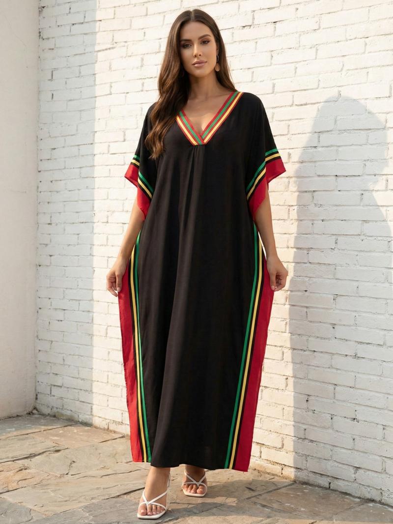 EDOLYNSA Striped kaftan dress cozy house robe muumuu outfits Moo Moo Dress vacation relaxed beach wear leisure wear versatile cover up daily wear Homewear Boho Casual Dress Q1615