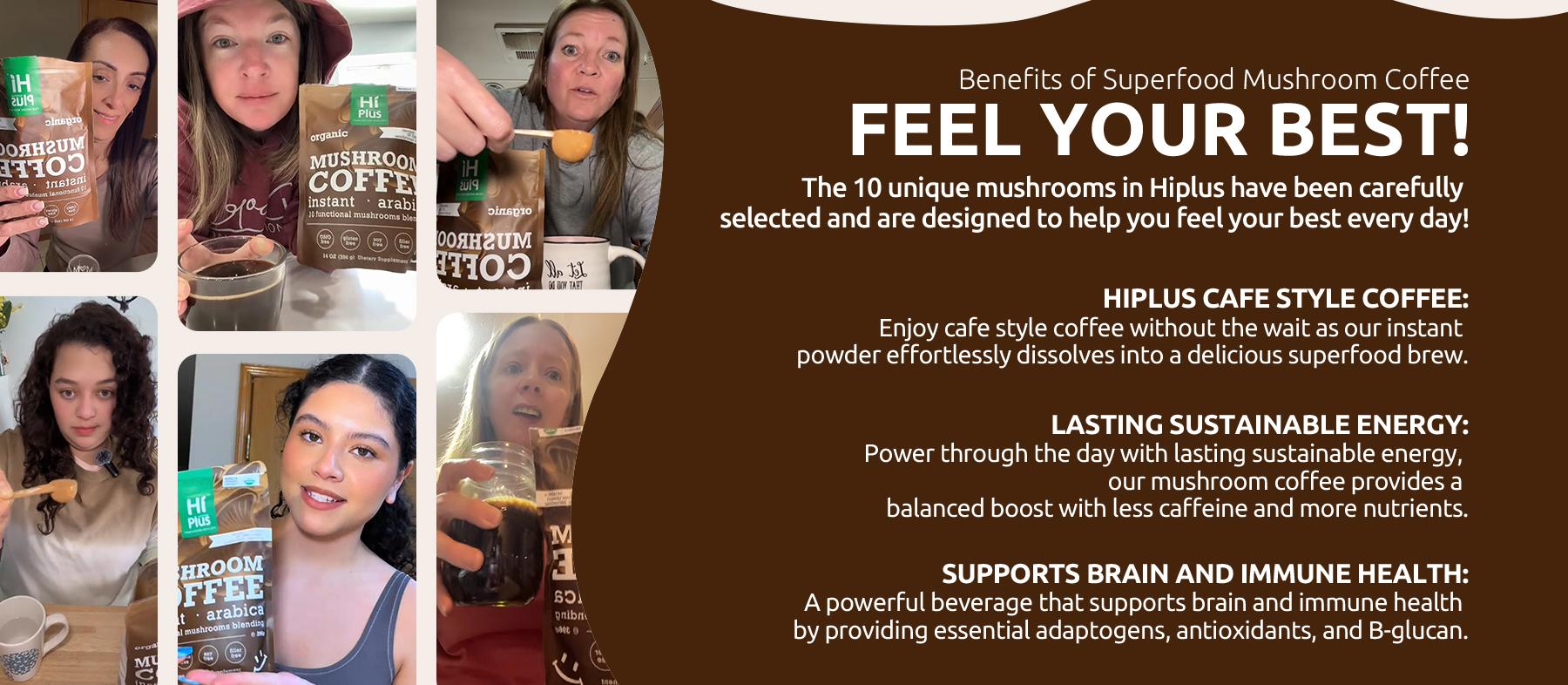 HiPlus Organic Instant 10-in-1 Mushroom Coffee Powder, 7oz | Weight & Immune Support | Premium Arabica Coffee with Lion’s Mane, Chaga & Reishi