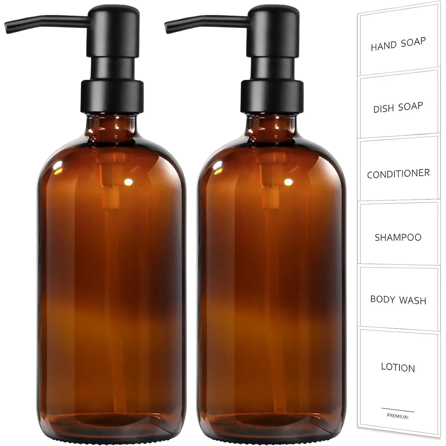Amber Glass Soap Dispenser, 2 Pack Bathroom Hand Soap Dispensers with Stainless Steel Pump, 17 Fl Oz Kitchen Hand and Dish Soap Dispenser Set, Modern Vintage Liquid Brown Soap Dispensers Bottle