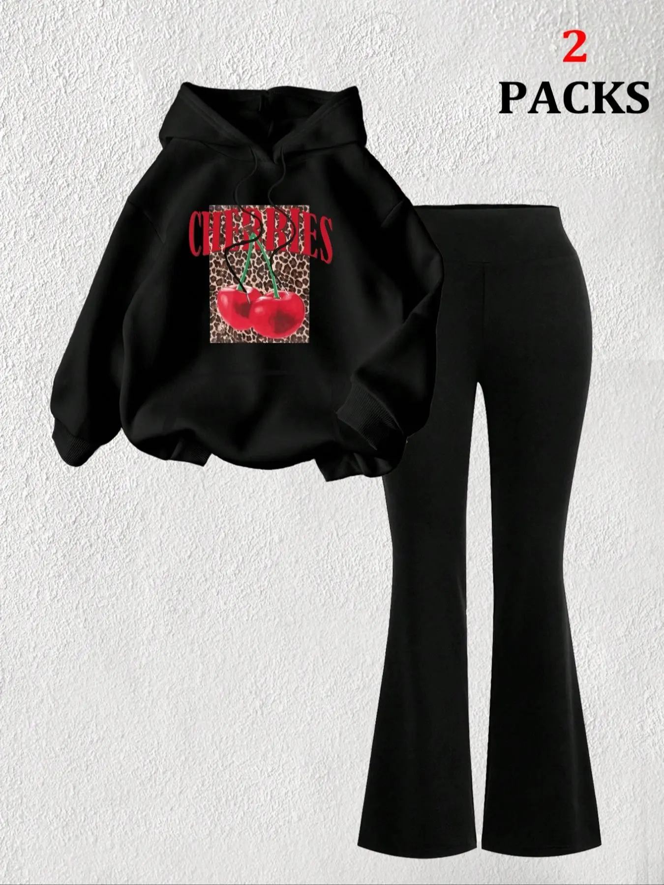 Leopard Print Cherry Hoodie and High-Waisted Flare Pants Set, American Vintage Loose Fit, Casual Clothing Set for Women, Three Colors