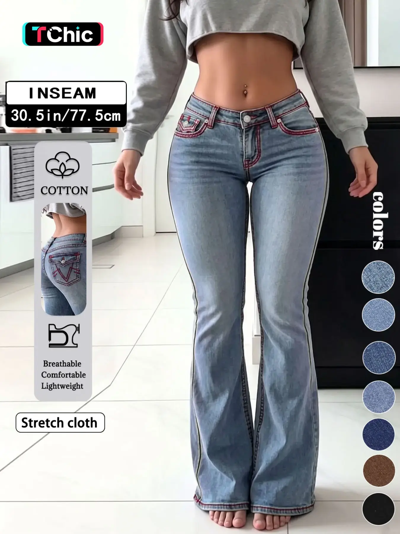 Women's Light Blue Wash Low Rise Red Contrast Stitching High Stretch Flare Jeans, Slim Bootcut Long Denim Pants, Vintage Y2K Streetwear Casual Daily Date Outfits for Women TChic
