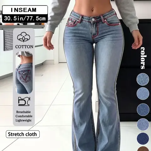 Women's Light-Wash Blue Low-Rise Flare Jeans with Red Contrast Stitching, High-Stretch Slim-Fit Full-Length Bell-Bottom Denim Pants, Vintage Y2K Streetwear for Casual Daily Wear and Date Outfits, TChic
