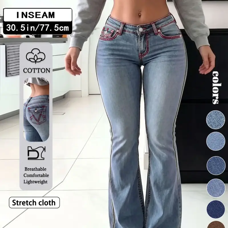 Women's Light-Wash Blue Low-Rise Flare Jeans with Red Contrast Stitching, High-Stretch Slim-Fit Full-Length Bell-Bottom Denim Pants, Vintage Y2K Streetwear for Casual Daily Wear and Date Outfits, TChic