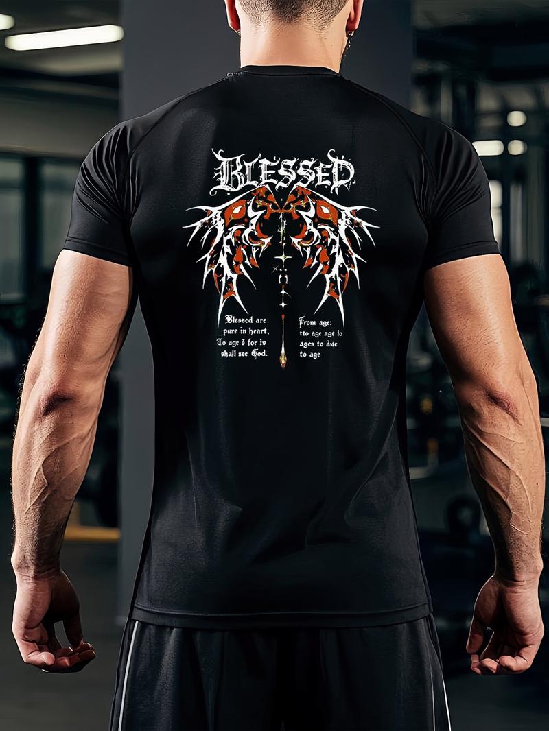 Men's Graphic Compression Workout Shirt - “BLESSED” Goth Angel Wings Tee, Stretch Breathable Quick Dry Athletic Fitted for Gym & Casual Streetwear, Trending Fitness Motivational Top Men's Graphic Compression Workout Shirt - “BLESSED” Goth Angel Wings Tee, Stretch Breathable Quick Dry Athletic Fitted for Gym & Casual Streetwear, Trending Fitness Motivational Top