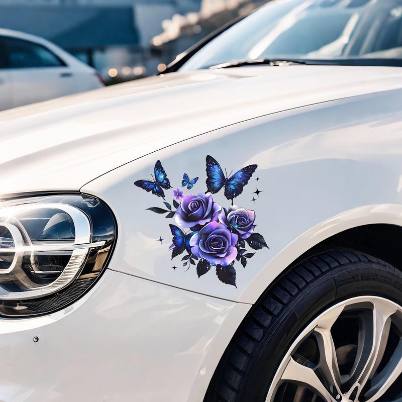 1pc Dark Rose & Butterfly Car Decorative Sticker, Glossy Self-Adhesive Vinyl, Durable Plant Floral Theme, Easy Installation, Best Gift