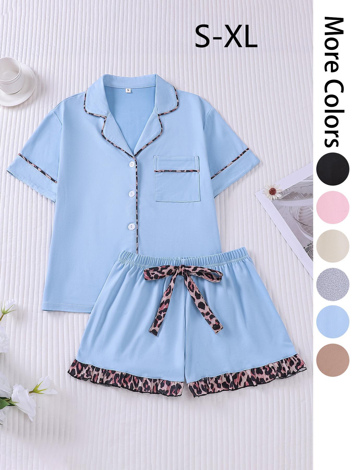 Women's Patchwork Contrast Binding Button Front Pocket Shirt & Ruffle Hem Shorts Pyjama Set, Casual Comfy Two-piece Pj Set, Ladies Summer Sleepwear, Pajama Set, Casual Lounge Sleep