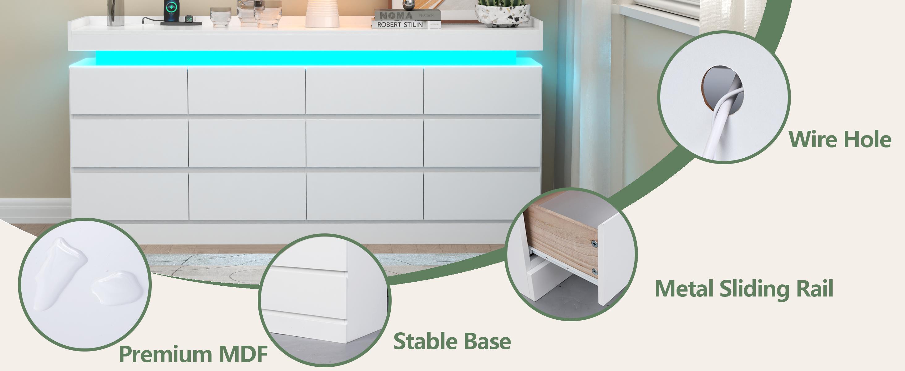 12 Drawer Dresser with Power Outlet, Dresser with LED Light, Modern Chest of Drawers for Closet, Double Wide Drawer Organizer Cabinet cicada  drawer nursery  dresser living room drawer